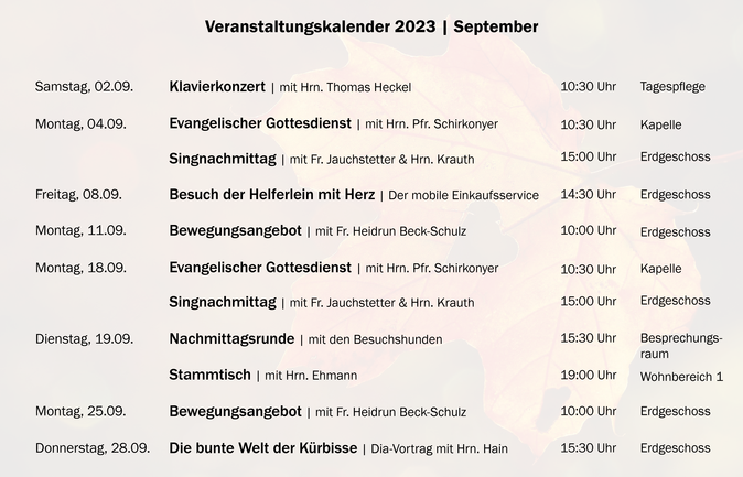Veranstaltungskalender September 2023 mit Terminen und Uhrzeiten