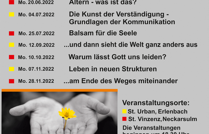Flyer zur Fortbildungsreihe für Freiwilligenengagement mit Händen und Blume