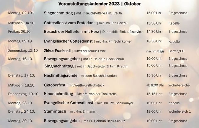 Veranstaltungskalender Oktober 2023 mit Terminen und Uhrzeiten