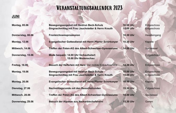 Veranstaltungskalender Juni 2023 mit Terminen vor Blumenhintergrund